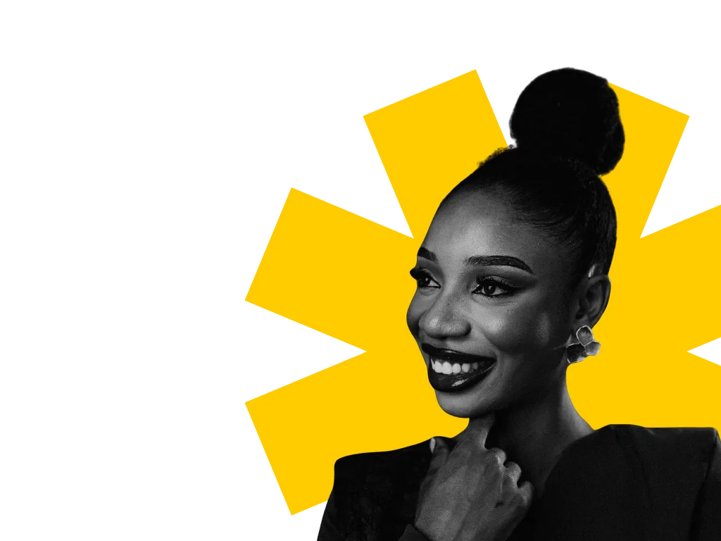 A smiling woman in black and white, framed by the yellow OSC asterisk