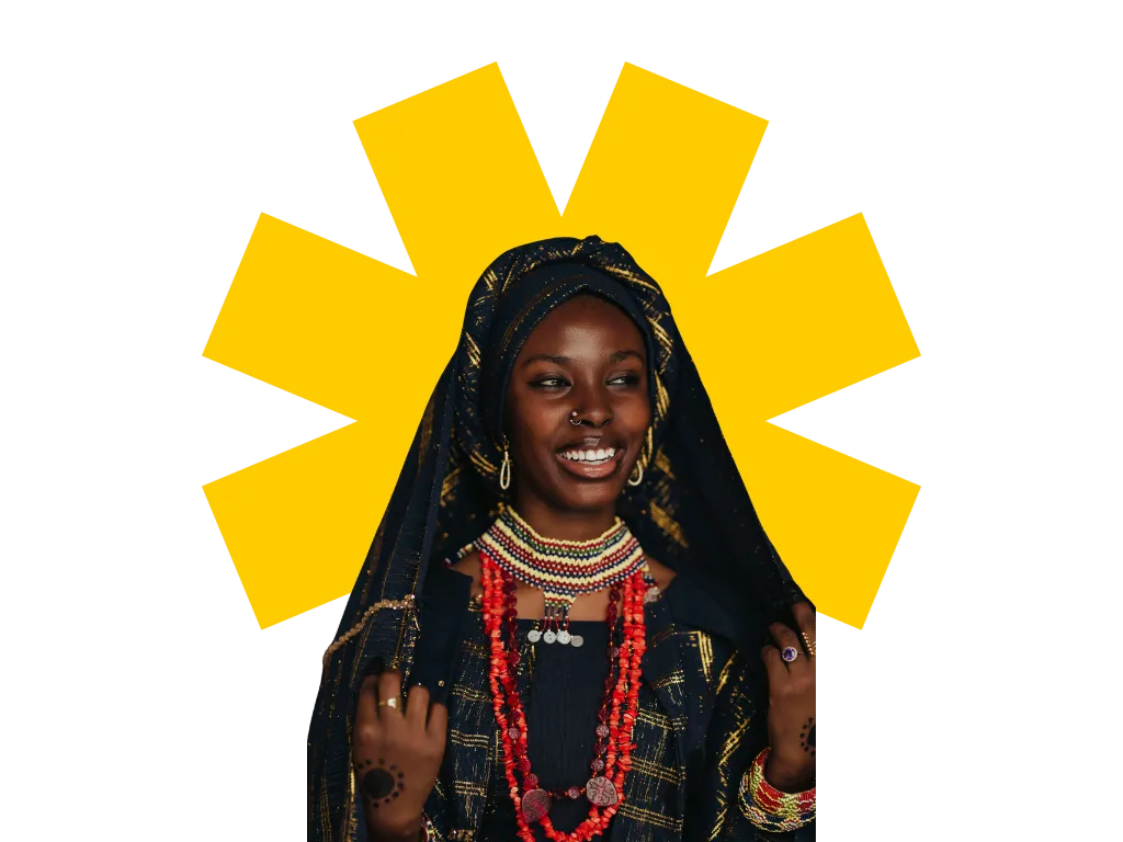 A smiling woman in a dark headscarf, framed by the yellow OSC asterisk